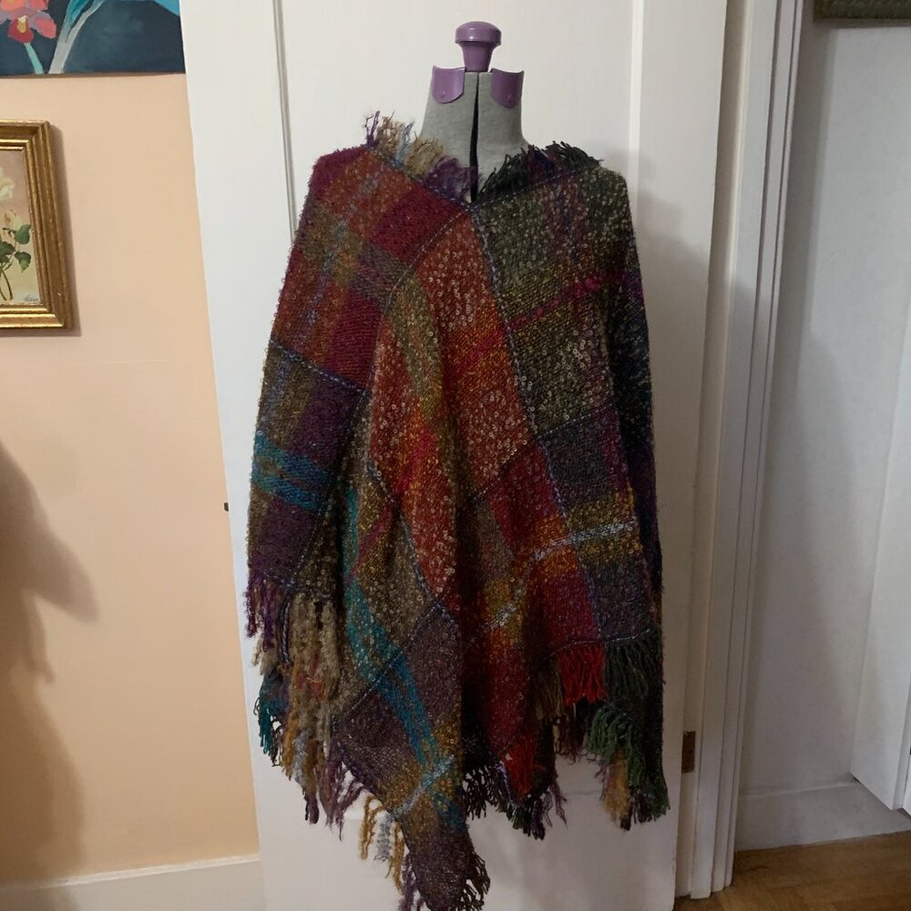 Donegal Ireland Handwoven Blanket Poncho Cape NWT Multicolor Mohair Fringe Boho - Picture 2 of 8